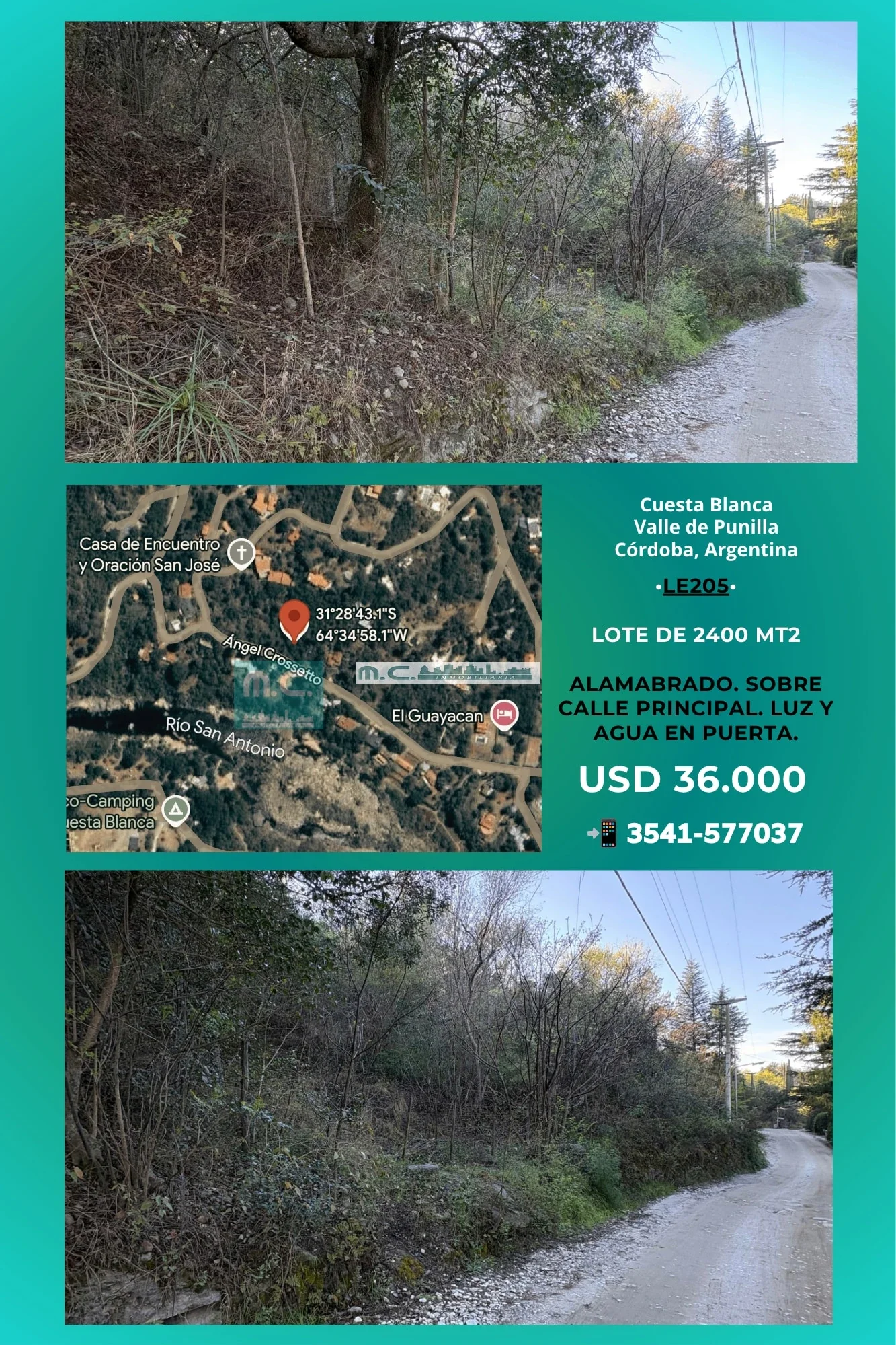 LE205. CUESTA BLANCA. LOTE 2400 mt2. ALAMBRADO. S/ CALLE PRINCIPAL. - Imagen 1