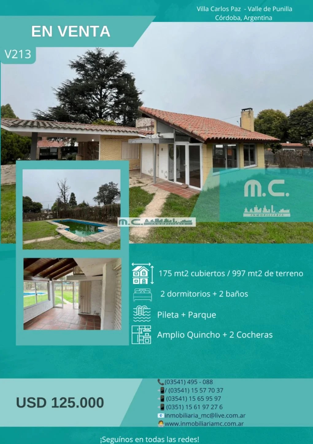 V213. VILLA CARLOS PAZ. AMPLIA CASA 2 DORM. PARQUE. PILETA. QUINCHO. COCHERAS. - Imagen 1