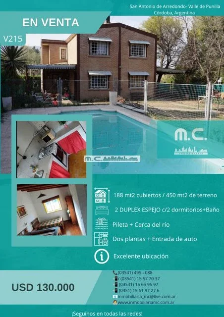 V215. S.ANT.DE ARRED. DOS DUPLEX ESPEJO C/ 2 DORM+BAÑO. ENT. AUTO. PILETA+RIO - Imagen 1