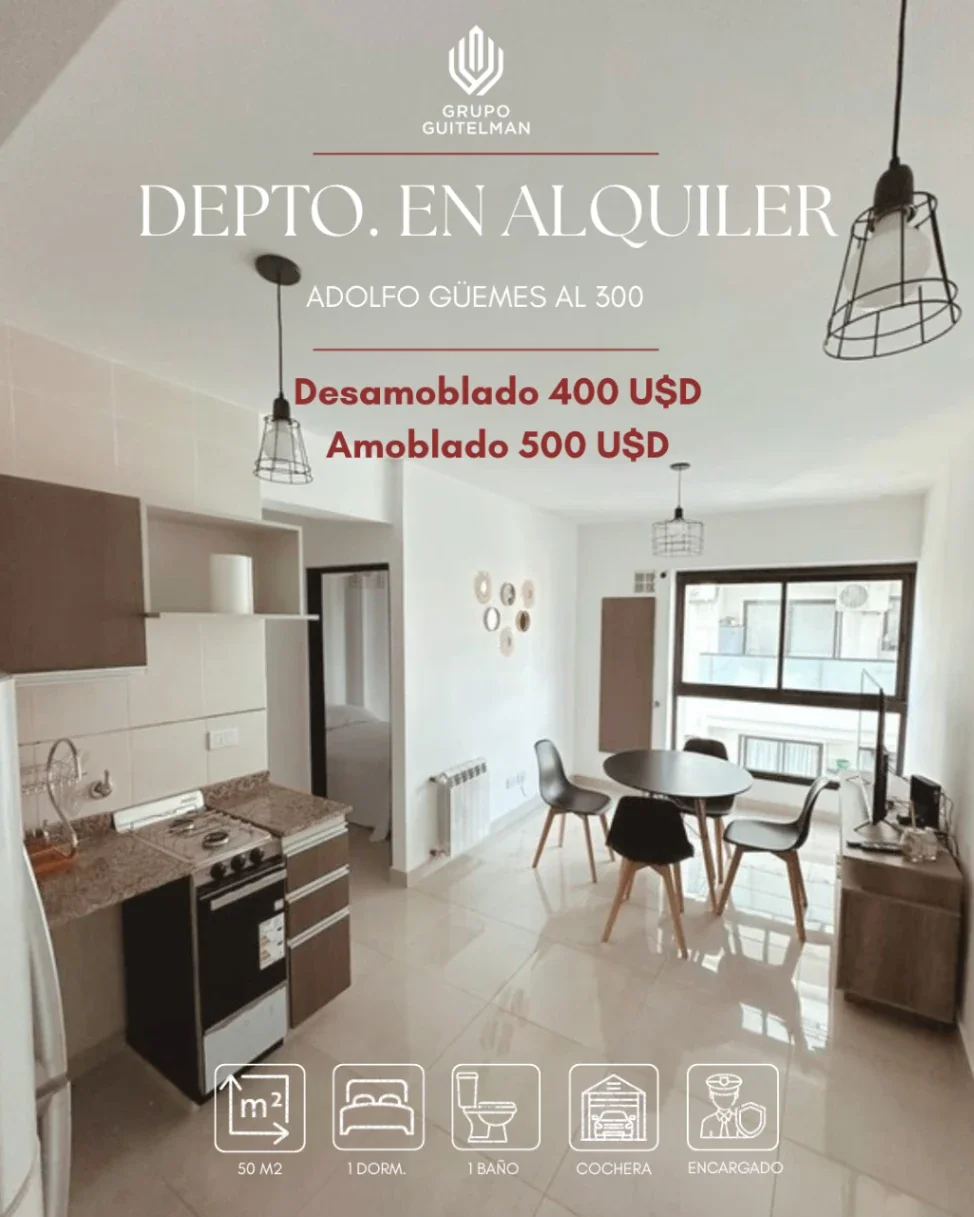 Departamento 1 dorm. en alquiler c/ cochera en Adolfo Güemes al 300 - Imagen 1
