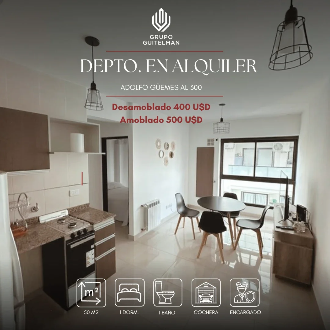 Departamento 1 dorm. en alquiler c/ cochera en Adolfo Güemes al 300 - Imagen 1